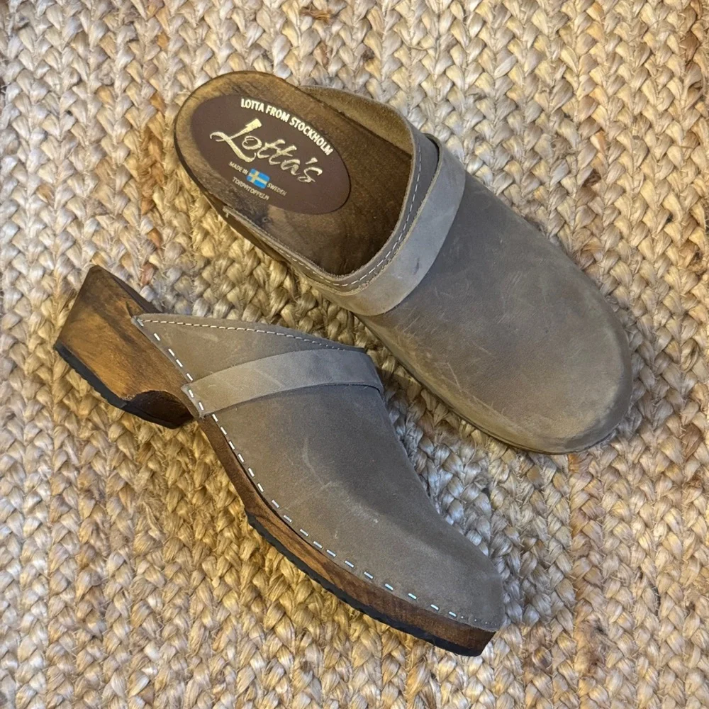 Lotta's From Stockholm 42 Wooden Taupe Nubuck Classic Leather Clogs - Picture 1 of 11
